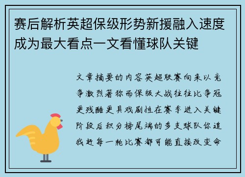 赛后解析英超保级形势新援融入速度成为最大看点一文看懂球队关键 赛后解析英超保级形势新援融入速度成为最大看点一文看懂球队关键